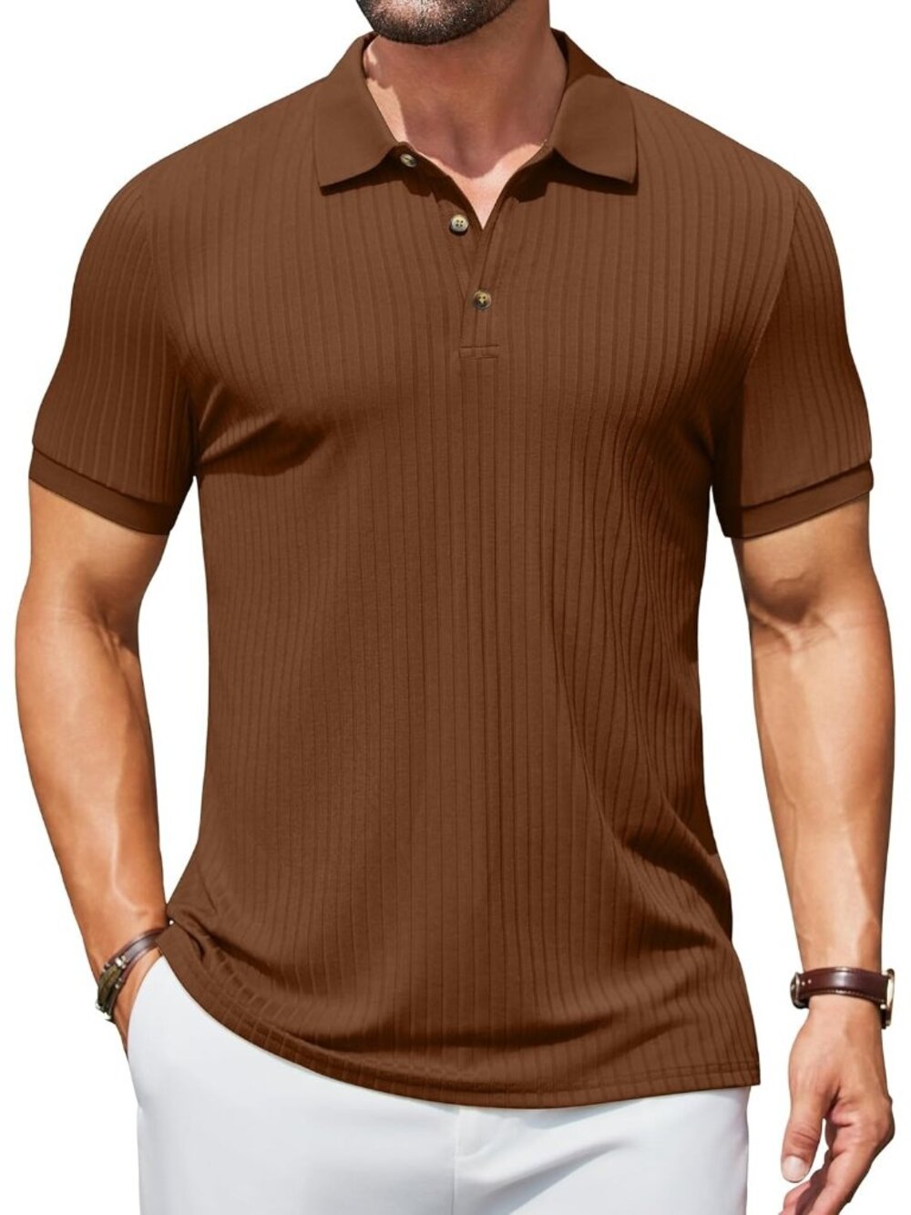 Men's Brown Textured Polo Shirts Short Sleeve Slim Fit Button Polo Casual